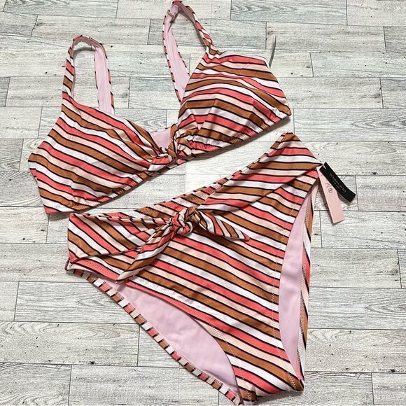 VICTORIA’S SECRET STRIPE PADDED TOP & HIGH WAIST BOTTOM BIKINI SET XL NWT - Picture 1 of 9